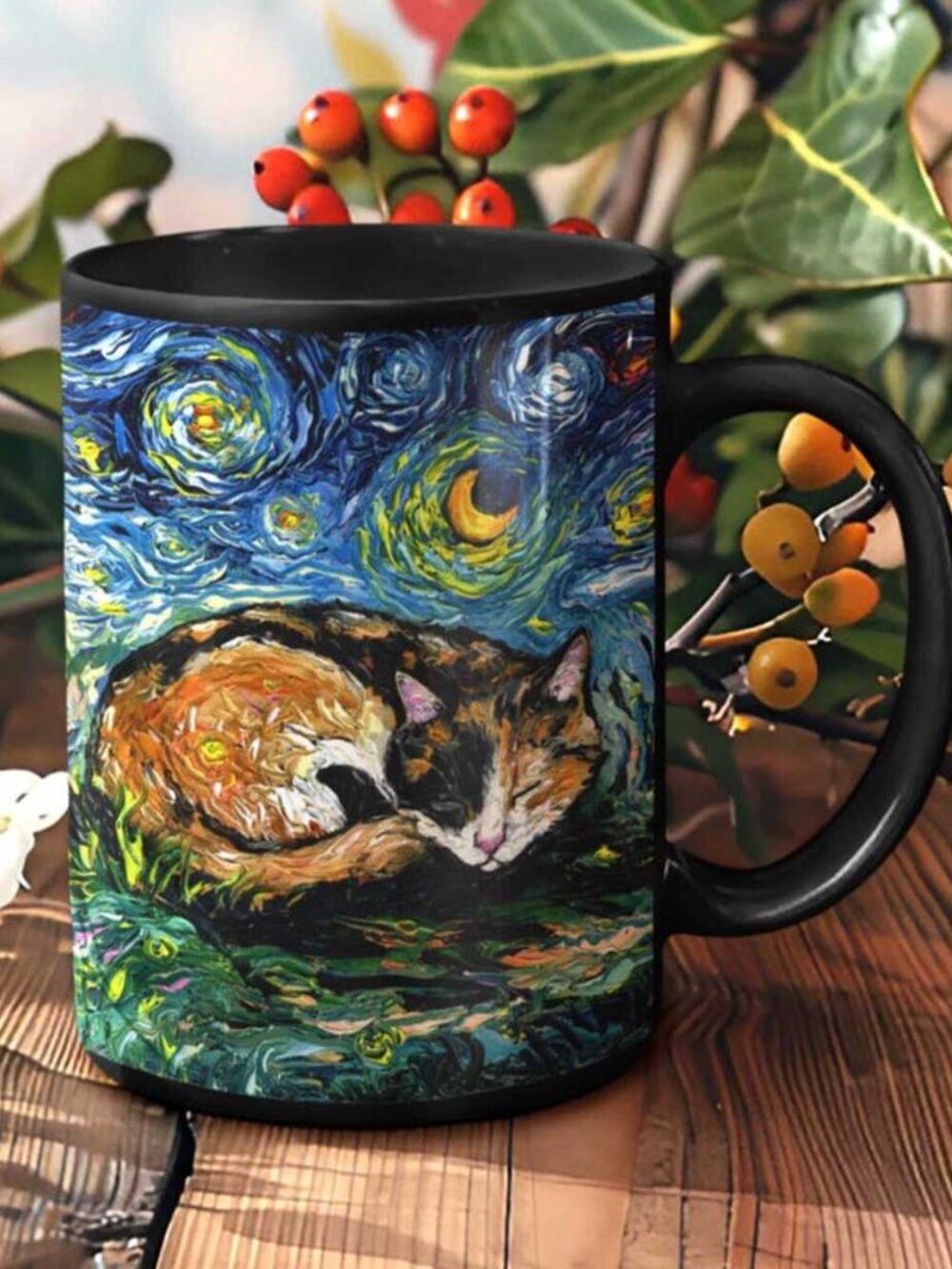 Pet Mug Cat Lover Gift Calico Cat Starry Night Ceramic Coffee Mug